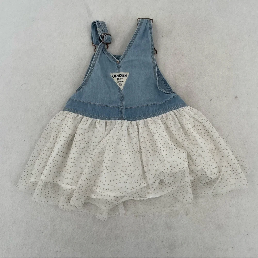 OSHKOSH B’GOSH Girls denim jean Overall Tulle dress polka dot sparkle gold 2T - Picture 2 of 6